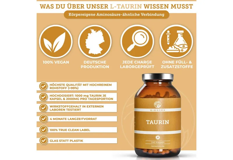 QIDOSHA L-Taurin Kapseln 1000 mg Hartkapsel, 269.3 g, Taurin Supplement – Produktbild 2 von 5