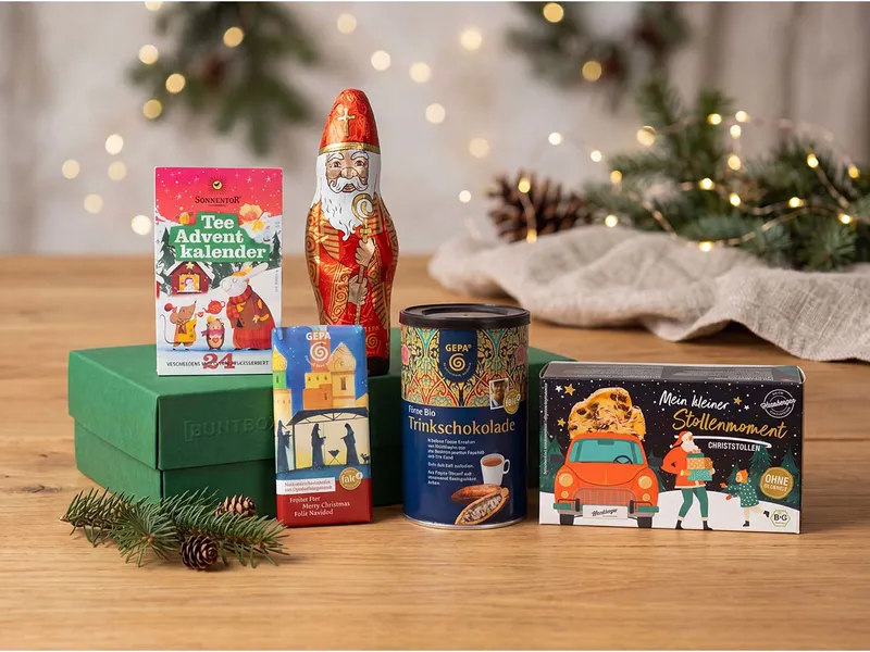 Bio-Geschenkset "Süßer Weihnachtsgenuss", 5-tlg., mit Schokolade, Christstollen und Tee – Produktbild 1 von 1