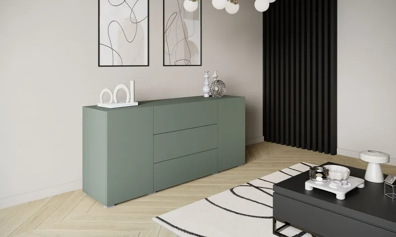Home affaire Sideboard BERLIN, Moderne grifflose Kommode Breite 150 cm, 4 Schubkästen/ 2 Türen, Grün, – Produktbild 4 von 6