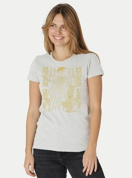 Peaces.bio - handbedruckte Biomode Peaces.bio - handbedruckte Biomode Damen Fit T-Shirt Sonnenscheibe Aton, Silbergrau, – Produktbild 2 von 2