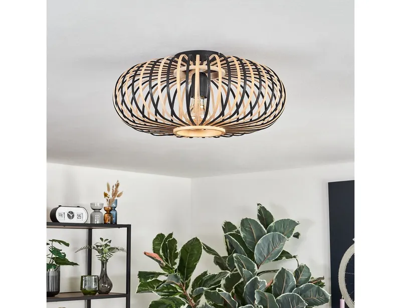 hofstein Deckenleuchte moderne Deckenlampe aus Metall/Bambus in Schwarz/Naturfarben, ohne Leuchtmittel, Boho-Design Deckenleuchte, Lichteffekt an d. Decke, Ø 40 cm, 1 x E27, Beige|schwarz, – Produktbild 2 von 5