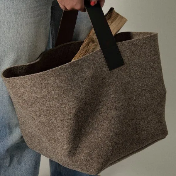 easy and green easy and green Designer Kaminholzkorb aus Wollfilz mit Lederhenkel 40 Liter, Beige, – Produktbild 3 von 3