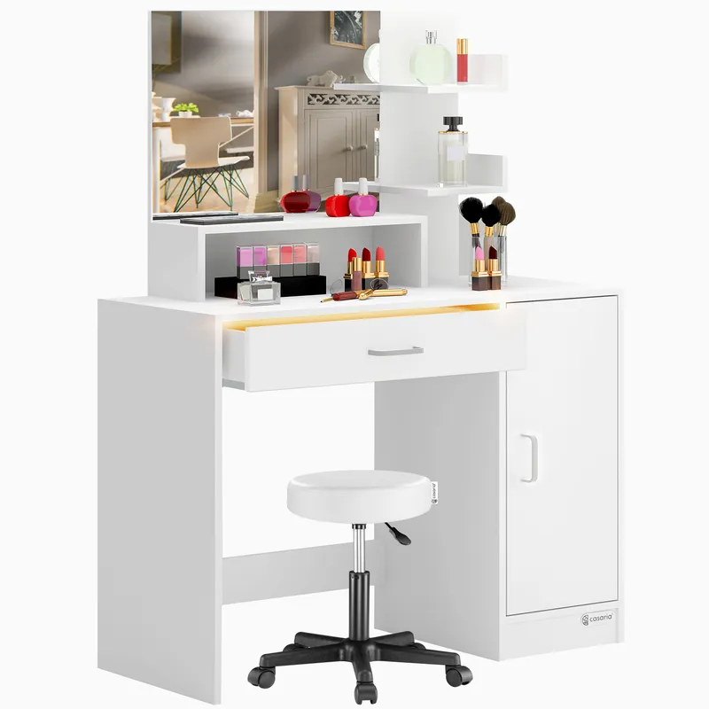 Casaria® Schminktisch Jocelyn Weiß 140x90x40cm inkl Rollhocker – Produktbild 2 von 2