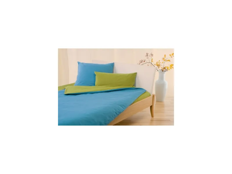 Cotonea Biber-Wendebettwäsche Bio-Baumwolle olivgrün-türkis Set 155x220 / 40x80 cm, Blau, grün, – Produktbild 1 von 2