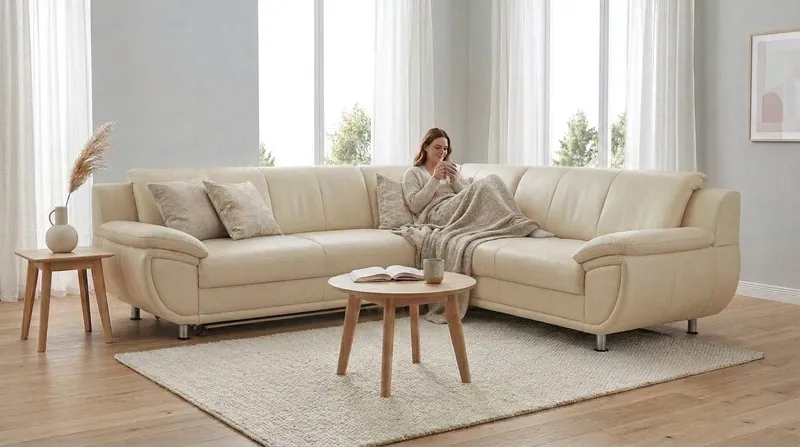 TRENDMANUFAKTUR Ecksofa Rondo 267 cm, elegant, bequem, Breite, L-Form, Chromfüße, L-Form, wahlw.mit Federkern, Füße chromfarben, Unser Dauertiefpreis, Beige, – Produktbild 1 von 5