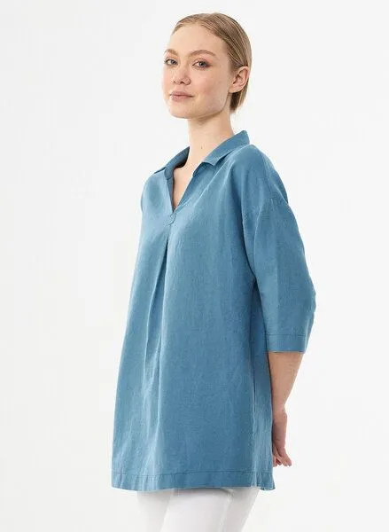 ORGANICATION ORGANICATION Bluse aus Leinen und Bio-Baumwolle, Petrol blue, – Produktbild 3 von 4