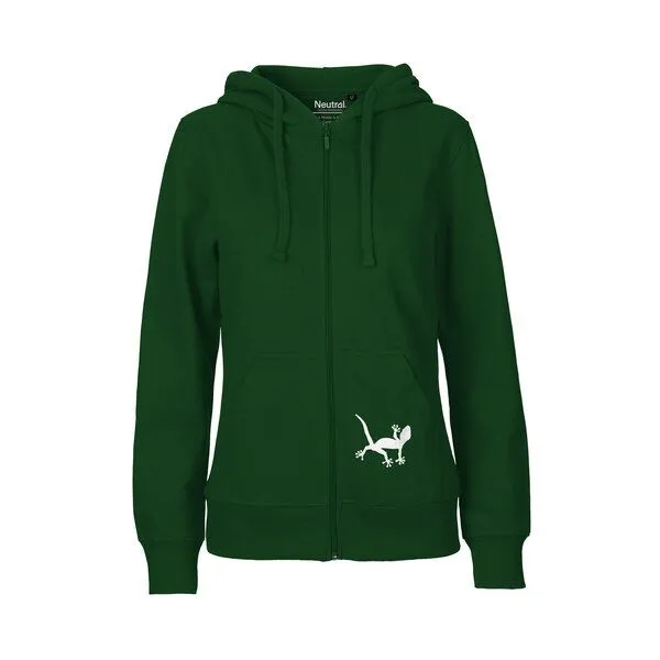 HANDGEDRUCKT HANDGEDRUCKT "Geckos" Frauen Zip-HOODY aus reiner Biobaumwolle (kbA), Bottlegreen, – Produktbild 2 von 4