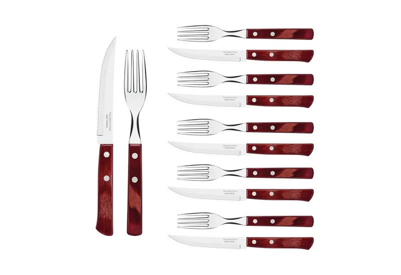 Tramontina Steakbesteck Pizzabesteck, 12-tlg. Set - mit FSC Holzgriff (12-tlg), 6 Personen, Edelstahl, scharfe Klinge, FSC Echtholzgriffe, spülmaschinenfest, Rot, – Produktbild 1 von 4