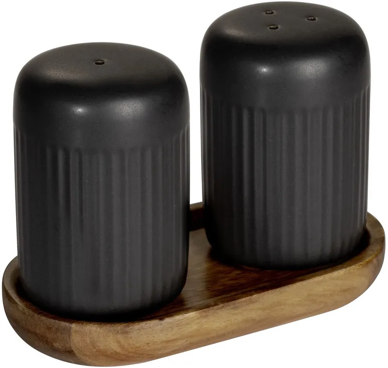 SCHÖNER WOHNEN-Kollektion Salz- / Pfefferstreuer REFIA, (1-tlg), Gewürzstreuer aus Keramik, Tablett aus Akazienholz, Schwarz, – Produktbild 1 von 4