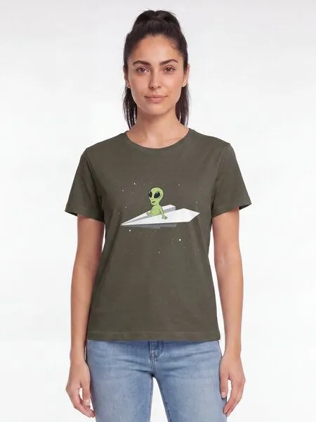 watapparel watapparel T-Shirt Frauen Alien on a paper plane, Khaki, – Produktbild 2 von 2