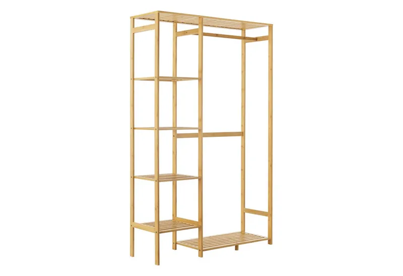 en.casa Garderobenständer, »Eurajoki« Kleiderständer, 4 Ablagefächer, 2 Ablageflächen, Bambus, Beige, – Produktbild 3 von 4