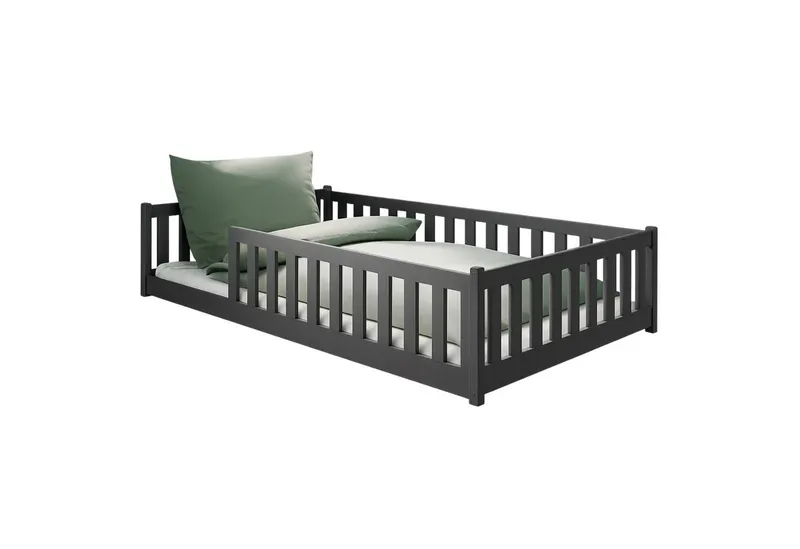 Kids Collective Kinderbett Bodenbett Bett mit Rausfallschutz & Lattenrost Montessori Bett Kinder (Jungen, Mädchen, Kinder, weitere Größen 80x160, 80x180, 90x190, 90x200, 140x200 cm), Jugendbett Gitterbett Einzelbett mit Matratze, Graphit 120x200 cm, Grau, – Produktbild 2 von 5