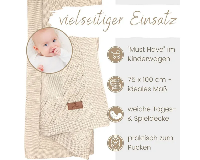Babydecke DIKOS® Kuscheldecke Bordüre *100%* Bio Baumwolle, Geschenk zur Geburt, DIKOS, Strickdecke 75×100, Baby Erstausstattung Neugeborene, Babygeschenk, Beige, – Produktbild 4 von 5
