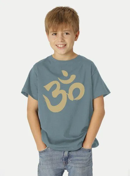 Peaces.bio - handbedruckte Biomode Peaces.bio - handbedruckte Biomode Bio-Kinder T-Shirt Om, Blaugrün, – Produktbild 2 von 2
