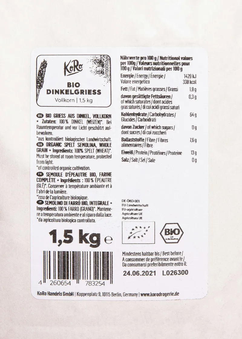 KoRo Bio Dinkelgrieß 1,5 kg – Produktbild 3 von 5
