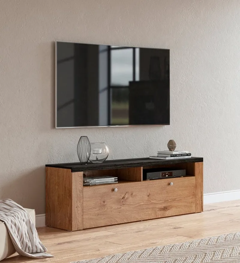 OTTO home Lowboard Larona, zeitloses TV Board mit 1 Klappe und 2 offenen Fächern, Breite 140 cm, Fernsehbank, viel Stauraum, dekorative Rahmenoptik, Braun, – Produktbild 6 von 8