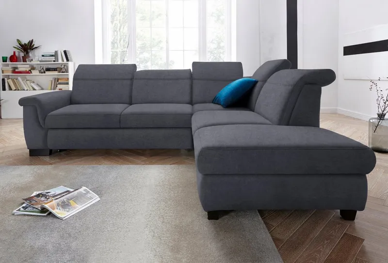 DOMO collection Ecksofa Sully komfortables Sofa, L-Form, wahlweise mit Bettfunktion und Kopf- bzw. Rückenverstellung, Grau, – Produktbild 1 von 8