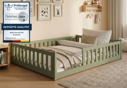 Kids Collective Kinderbett Bodenbett Bett mit Rausfallschutz & Lattenrost Montessori Bett Kinder (Jungen, Mädchen, Kinder, weitere Größen 80x160, 80x180, 90x190, 90x200, 120x200 cm), Jugendbett Gitterbett Einzelbett mit Matratze, Olivgrün 140x200 cm – Produktbild 1 von 1