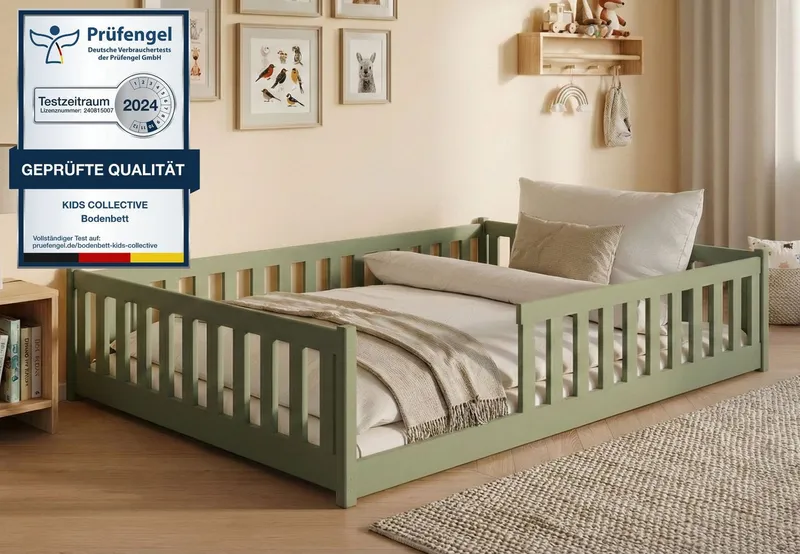 Kids Collective Kinderbett Bodenbett Bett mit Rausfallschutz & Lattenrost Montessori Bett Kinder (Jungen, Mädchen, Kinder, weitere Größen 80x160, 80x180, 90x190, 90x200, 120x200 cm), Jugendbett Gitterbett Einzelbett mit Matratze, Olivgrün 140x200 cm, Grün, – Produktbild 1 von 5