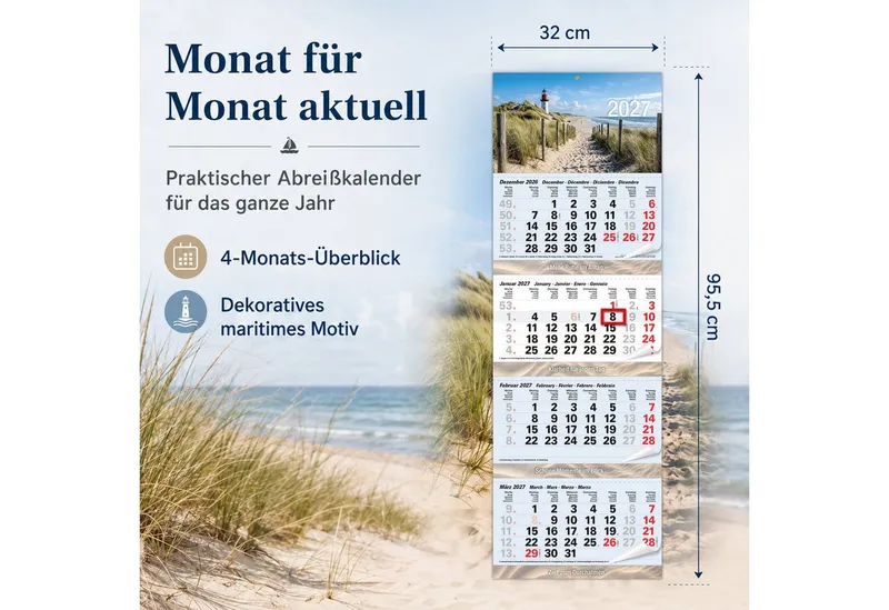 TOBJA Wandkalender 4 Monatskalender 2027 Nordsee Leuchtturm Strand 32x95,5 maritim FSC, Leuchtturm-Motiv, maritim, 32x95,5 cm, Datumsschieber, Metallöse, Grün, – Produktbild 2 von 5