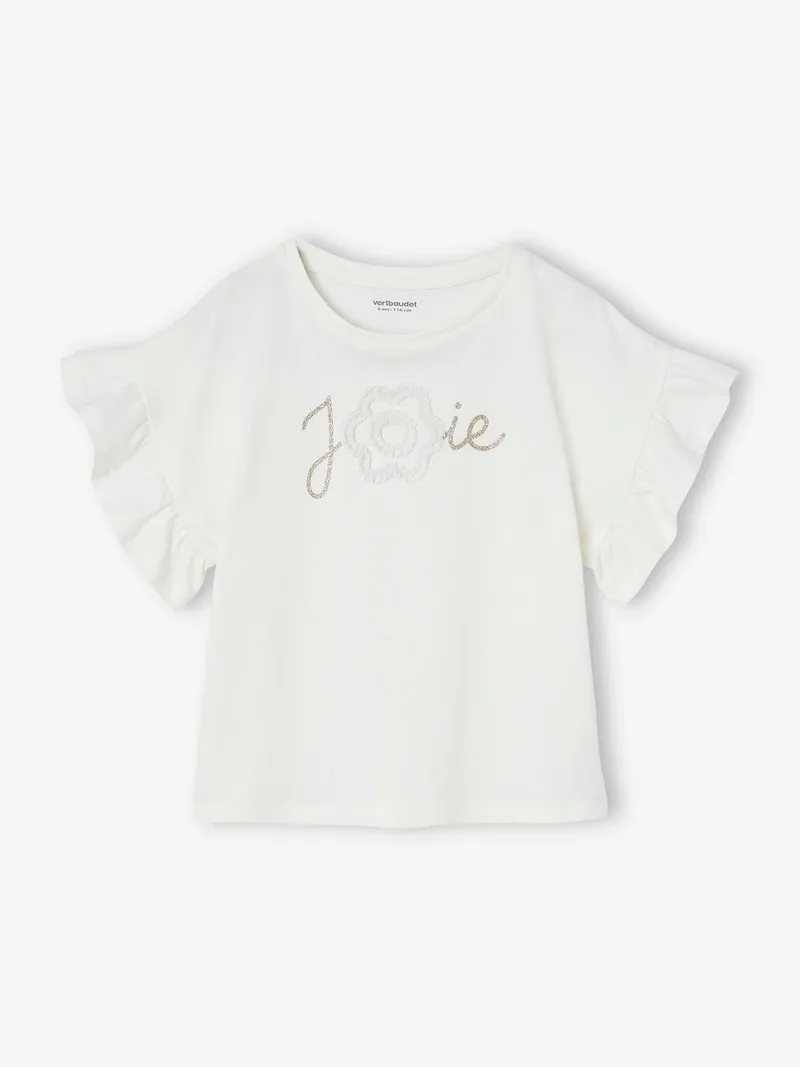 Vertbaudet Festliches Mädchen T-Shirt mit Reliefblume und Glitzerschrift, Weiß, – Produktbild 1 von 3