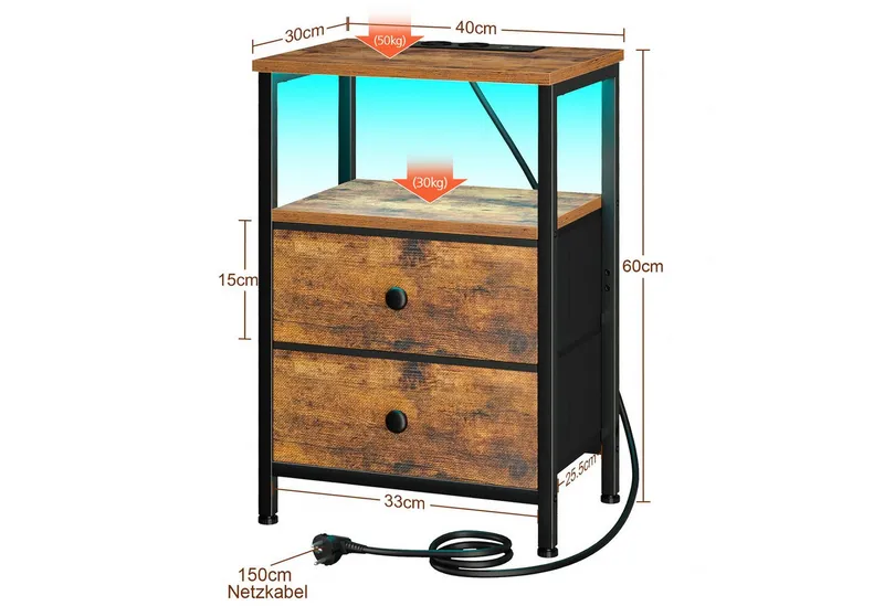 AMHANCIBLE Nachttisch 2er-Set mit integrierter Ladestation, LED-Beleuchtung & 2 Schubladen (2-St), multifunktionaler Beistelltisch mit offenem Fach, 40x30x60cm, Braun, – Produktbild 2 von 4