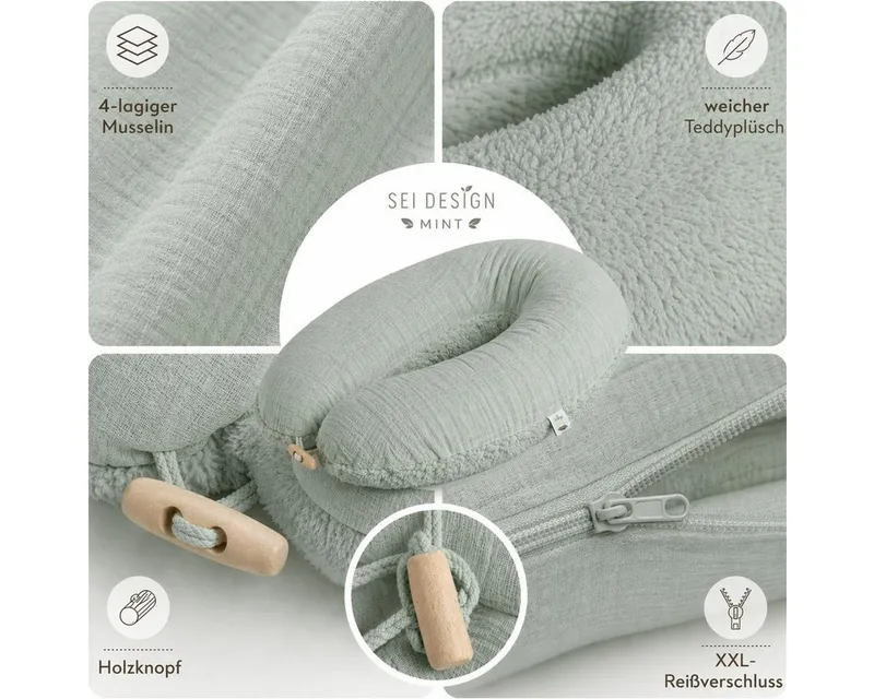 SEI Design Stillkissenbezüge Stillkissenbezug Musselin Teddyplüsch 190 x 35cm Mint, Stillkissenbezug XXL Musselin Bio-Baumwolle + Taddyplüsch extra weich, Grün, – Produktbild 2 von 5