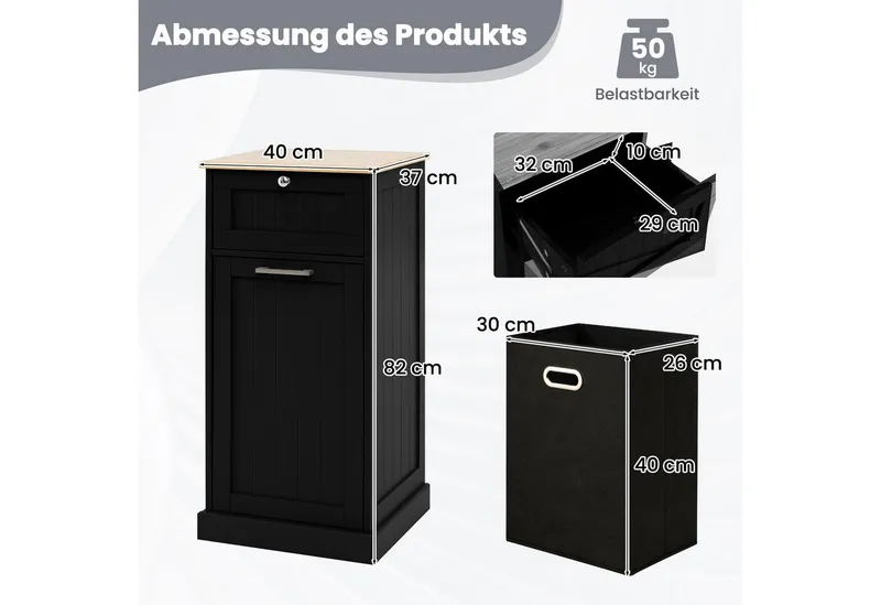 COSTWAY COSTWAY Wäscheschrank mit Wäschekorb & Stauraum, Badezimmerschrank, Schwarz, – Produktbild 5 von 5
