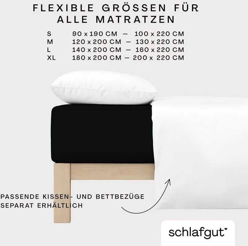 Schlafgut Schlafgut Spannbettlaken PREMIUM Mako-Zwirn-Jersey, 220 g/m², 95% Bio-Baumwolle, 5% Elasthan, Mako-Zwirn-Jersey, Gummizug: rundum, (1 Stück), Bettlaken bis 30 cm Höhe, PREMIUM-Qualität langlebig, perfekter Sitz, Schwarz, – Produktbild 1 von 5