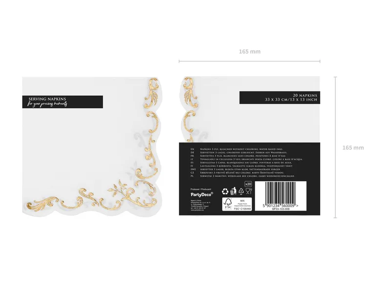 partydeco Papierserviette, Servietten Papier 33x33cm 3-lagig 12 Stück mit Gold Ornament Weiß, Weiß, – Produktbild 2 von 5