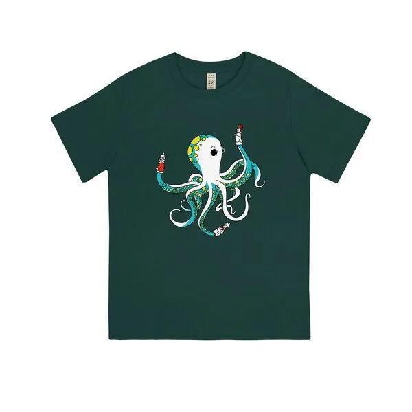 Spangeltangel Spangeltangel Kinder-T-Shirt "Oktopus", bedruckt, Biobaumwolle, Dunkelgrün, – Produktbild 1 von 4