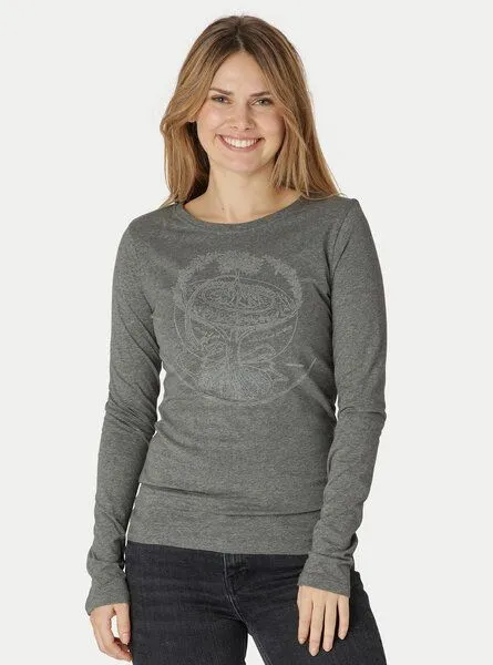 Peaces.bio - handbedruckte Biomode Peaces.bio - handbedruckte Biomode Bio-Damen-Langarmshirt "Weltenesche", Grau, – Produktbild 2 von 3