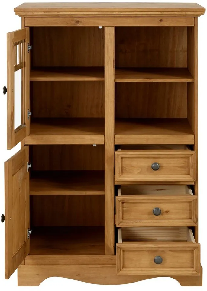 OTTO home Highboard Melissa Vitrine mit 2 Türen und 3 Schubladen, Metallknopfgriffe, mit 2 Türen, eine davon mit Glaseinsatz, natürliche Maserung, Beige, – Produktbild 1 von 4