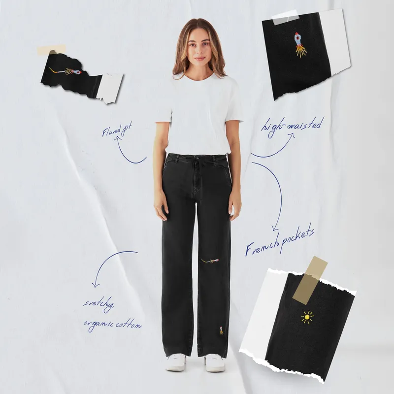 DAWN DEW Flared Soft Denim - French Pocket - Black Denim - Art on Broken Pieces - Black Denim / 30 / 32 – Produktbild 1 von 1