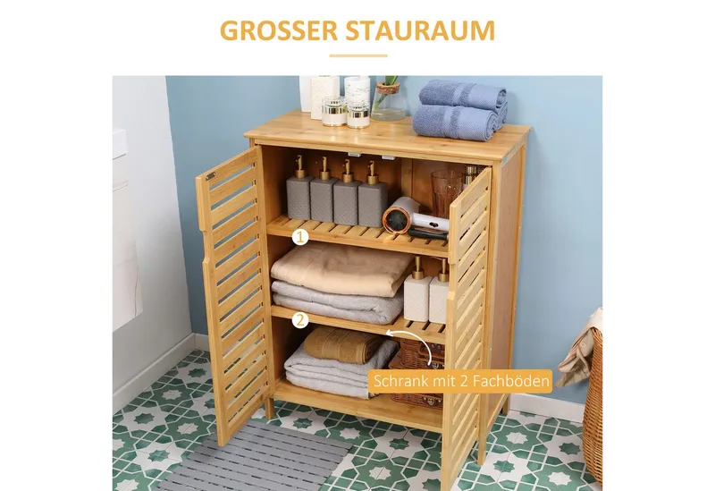 kleankin kleankin Badkommode Badezimmerschrank, Badschrank (Beistellschrank mit 2 Lamellentüren, Innenregalen, 1 St., Bambus Aufbewahrungsschrank für Badezimmer), 68 x 32 x 86 cm, Beige, – Produktbild 4 von 5