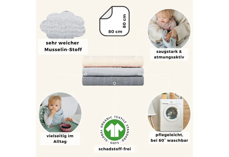 furora BABY furora BABY Spucktuch Baby Mulltücher Sets (Bio-Musselin: super soft) 80x80cm oder 25x25cm, Sehr weich, Braun, – Produktbild 2 von 5