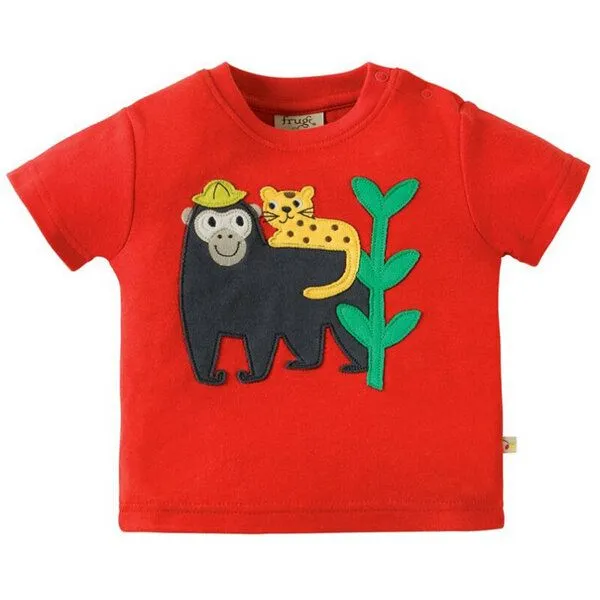 Frugi Frugi T-Shirt mit Gorilla und Tigerbaby-Applikation in Tomaten Rot – Produktbild 1 von 3