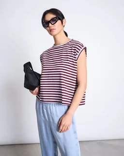 JAN N JUNE JAN 'N JUNE Damen vegan T-Shirt Ovar Rot-Blau Gestreift – Produktbild 1 von 1