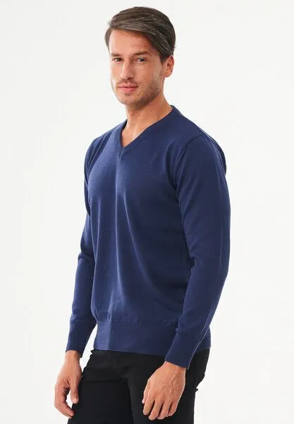 ORGANICATION ORGANICATION Pullover aus Bio-Baumwolle mit V-Ausschnitt, Navy, – Produktbild 3 von 4