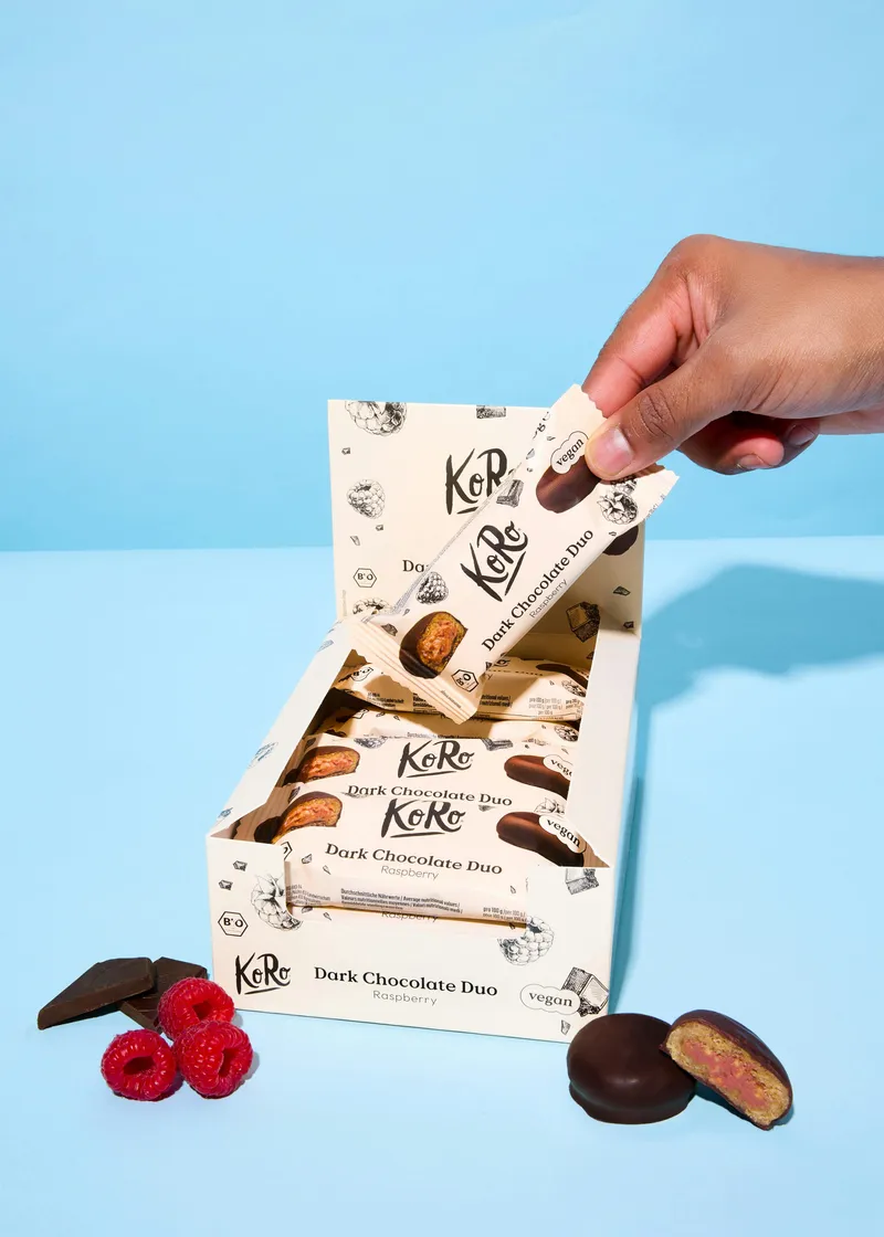 KoRo Bio Dark Chocolate Duo Raspberry | 12 x 2 x 20 g – Produktbild 3 von 5