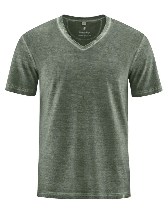 HempAge Hempage Herren vegan T-Shirt Mit Hochgekrempeltem V-Ausschnitt Moosgrün, Grün, – Produktbild 1 von 2