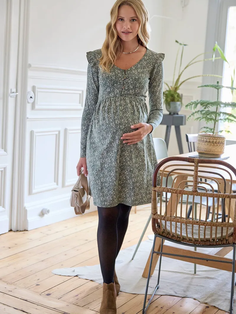 Vertbaudet Kurzes Kleid für Schwangerschaft & Stillzeit, Tannengrün, – Produktbild 1 von 4