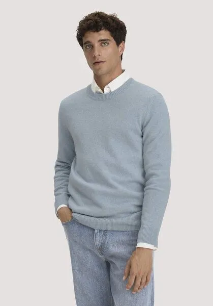 hessnatur hessnatur Strick Pullover Regular aus Bio-Merinowolle mit Bio-Baumwolle, Helles jeansblau, – Produktbild 1 von 5