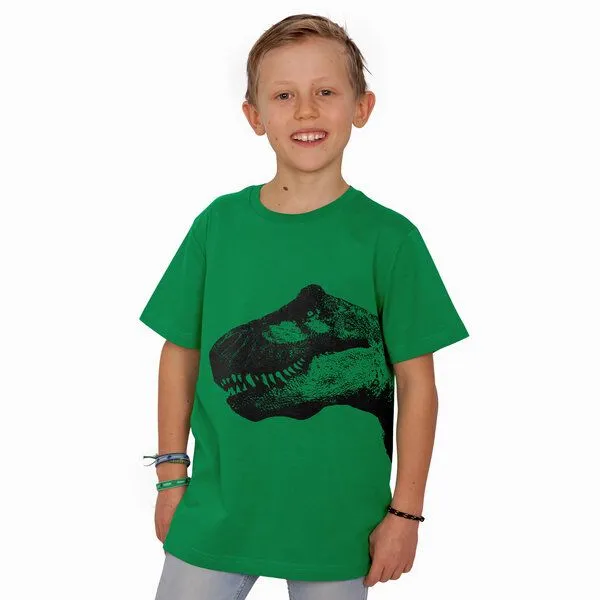 HANDGEDRUCKT HANDGEDRUCKT "T-Rex" Kinder T-Shirt reine Bio Baumwolle (kbA), Kellygreen, – Produktbild 1 von 3