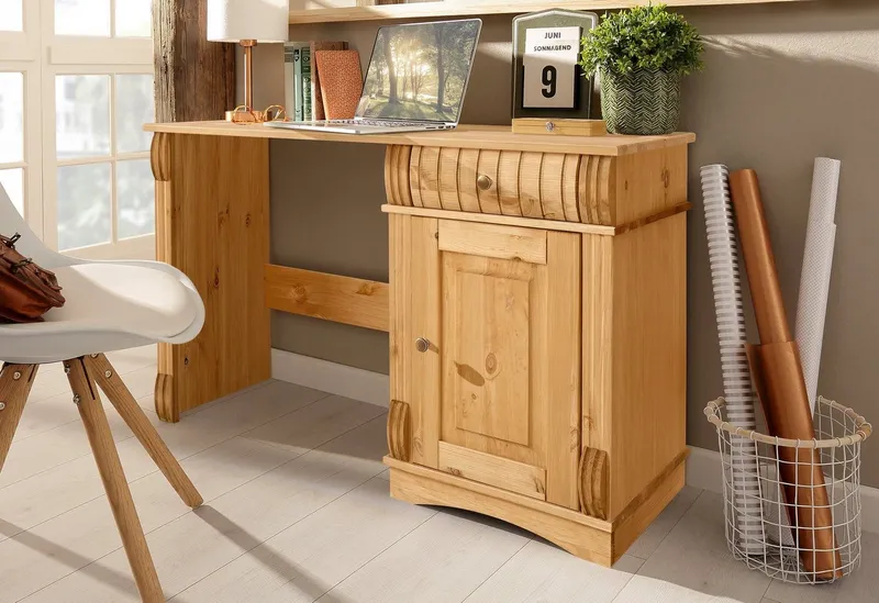 OTTO home Schreibtisch Teresa (Maße (B/T/H): 120/37/73 cm), Computertisch mit Schublade, Massivholz, Breite 120 cm, Beige, – Produktbild 2 von 4