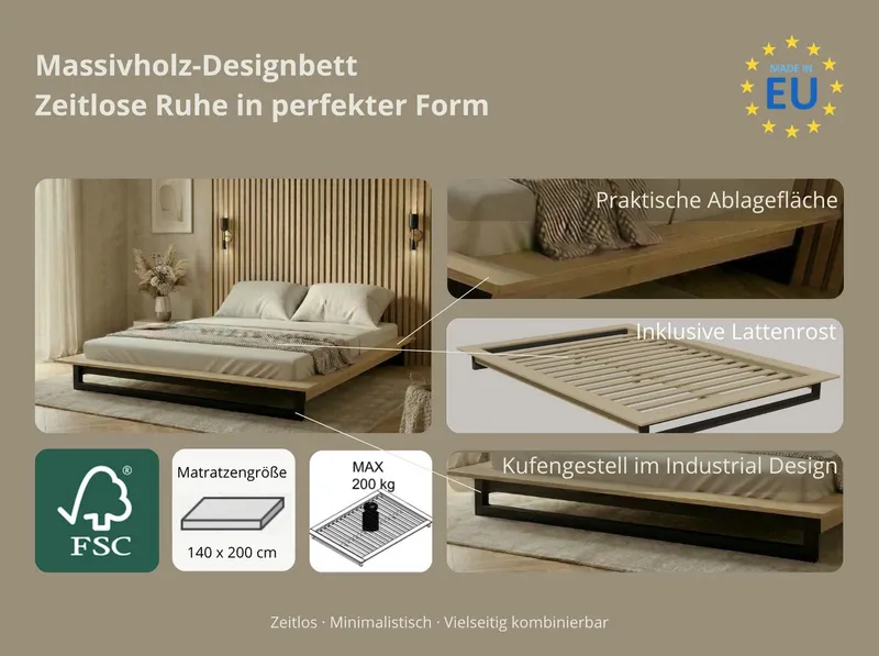 OTTO home Futonbett Kobe, Massivholzbett aus Kiefer im Industrial Design, 200 KG belastbar (Liegefläche 140x200cm), stabiles Kufengestell, rundum Ablagefläche, FSC, Made in Europe, Beige|schwarz, – Produktbild 3 von 5