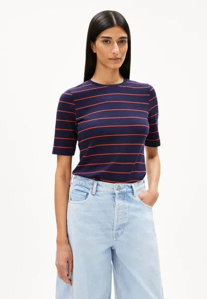 ARMEDANGELS ARMEDANGELS JAANISARA FINE STRIPE Damen T-Shirt aus Bio-Baumwoll Mix, Tinted navy-candy apple, – Produktbild 1 von 4