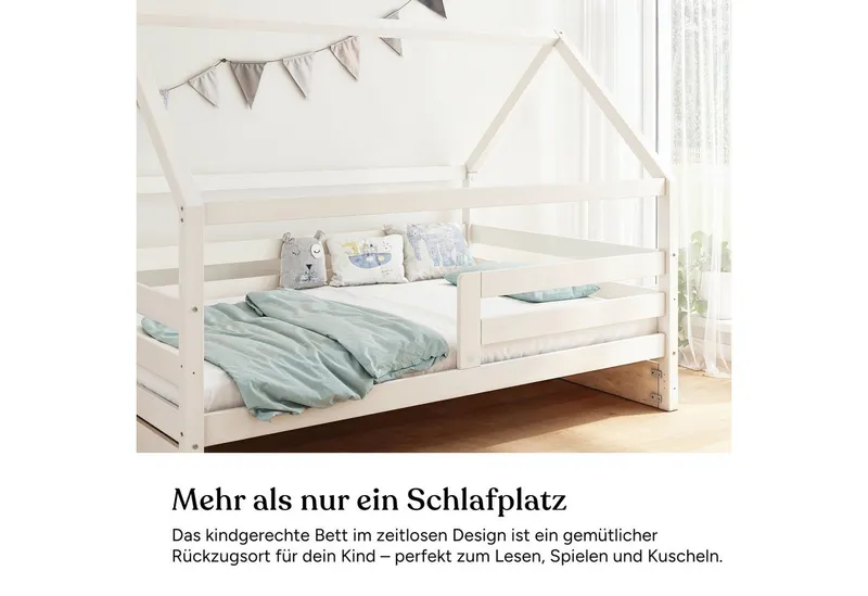 Ehrenkind Hausbett Sona aus FSC®-zertifiziertem Kiefernholz, höhenverstellbar (90x200 cm mit Doppelschublade, inkl. Rollrost und abnehmbarem Rausfallschutz), 2-in-1 Bett – bodentief oder in Standardhöhe aufbaubar, Weiß, – Produktbild 2 von 5