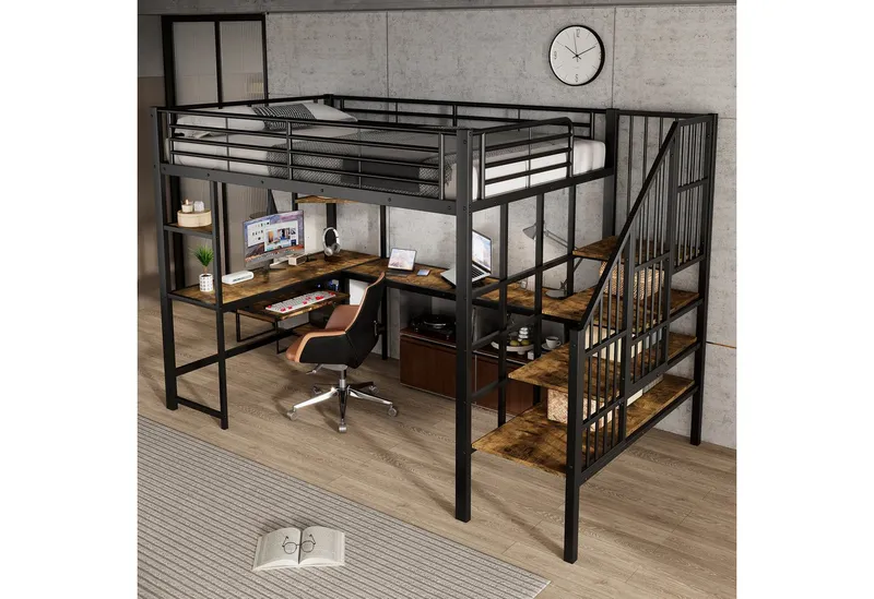 Merax Hochbett 120x200cm mit Ladeanschluss (Kinderbett aus Eisen & MDF, 1-St., Eisen-Etagenbett Einzelbett Jugendbett) Metallbett mit Schreibtisch, Tastaturablage, Ecktreppe & Ablageflächen, Schwarz, – Produktbild 1 von 5