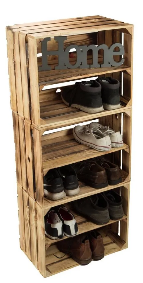Kistenkolli Altes Land Allzweckkiste 3x Schuhschrank Schuhregal geflammt Holz 12 Paar 50x30x40cm (Spar-Set, 3er Set), Braun, – Produktbild 2 von 5